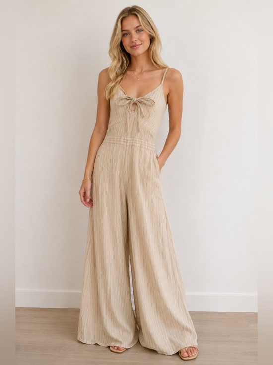 Japna Pants - Japna Cream Tie-Front Wide-Leg Jumpsuit S 52% cotton linen.
